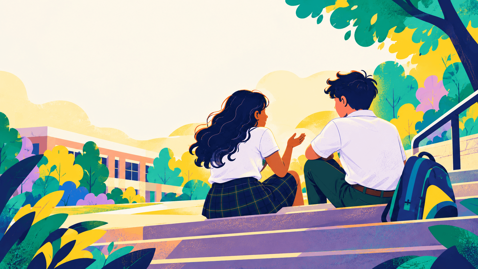 Illustration of two Bishop England students in uniform sitting on the school steps, talking